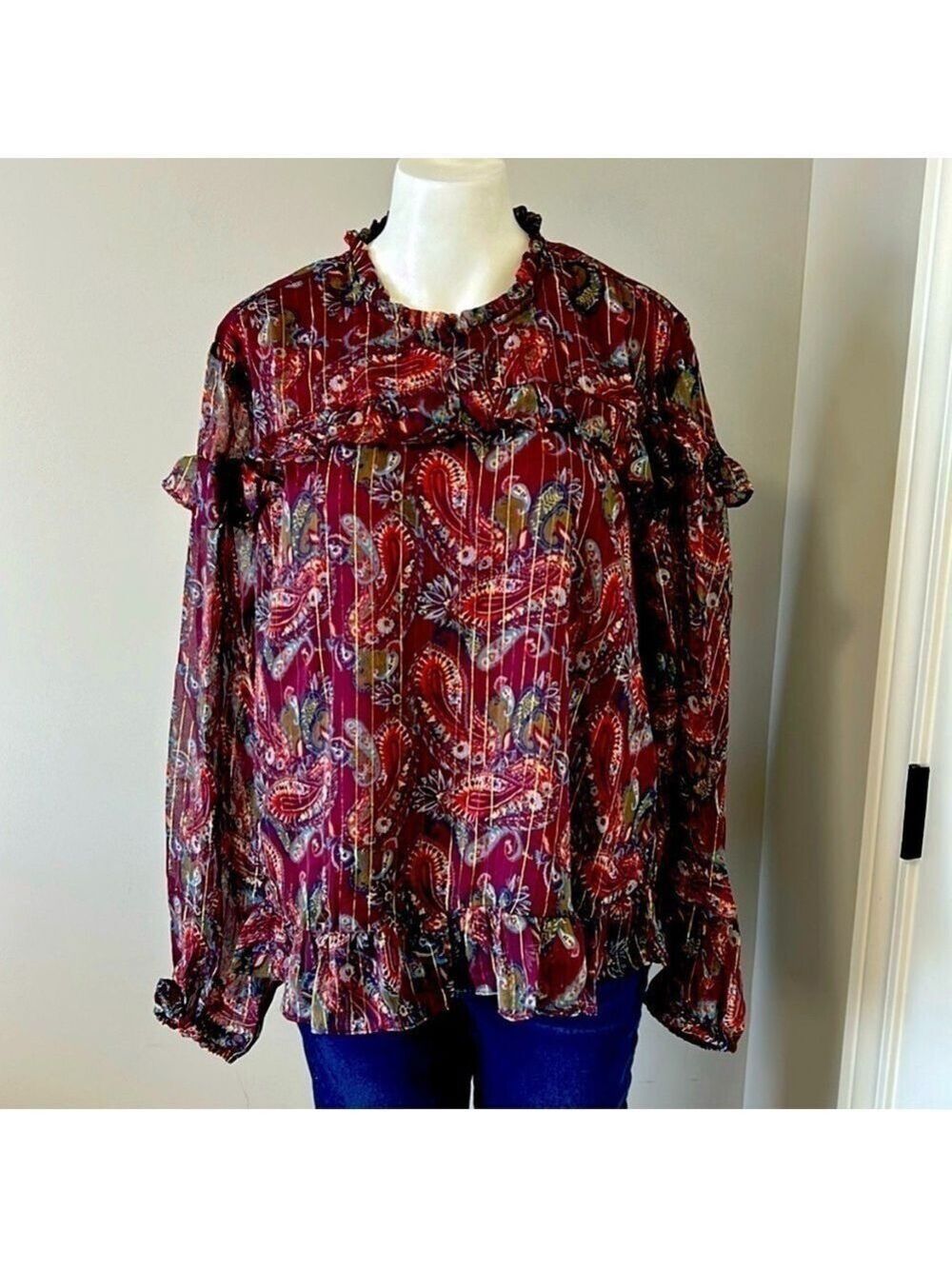 ModCloth Moon Orchid Paisley Pattern Sheer Long Sleeves Ruffle Accents Small NWT